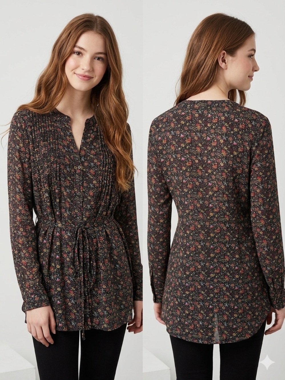 KAII Floral Blouse Large L Black Long Sleeve Pleated Button Up Tunic Tie Waist